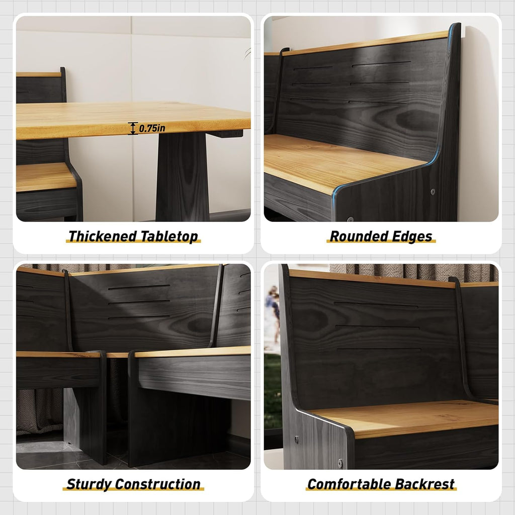 Kitchen Breakfast Nook Table Set - Solid Wood Corner Bench Dining Set for 4-6 People, L Shaped Bench for Dinner Room, Space Saving Kitchen Booth Seating with Table for Small Space, Ink Black