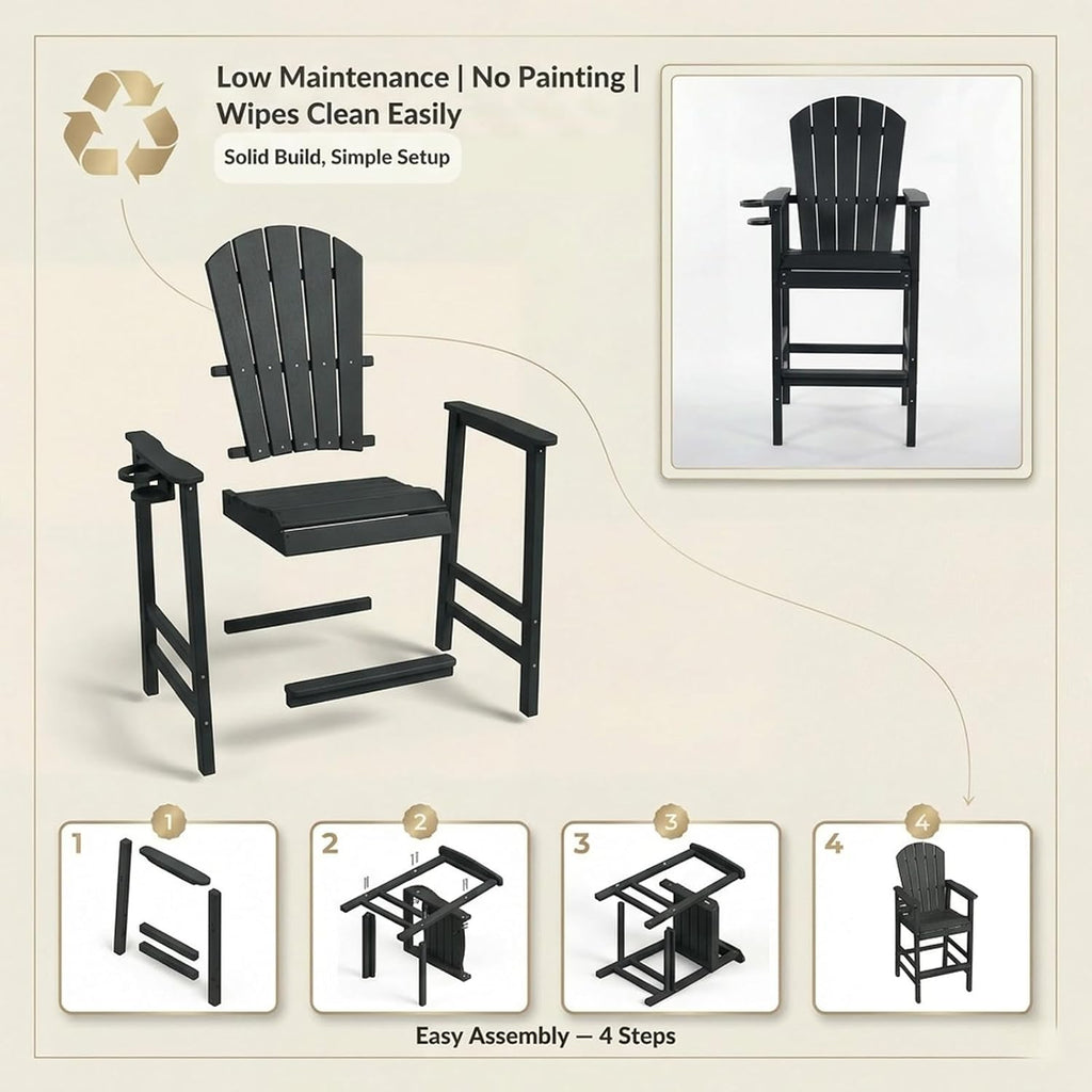 Tall Adirondack Bar Chair with Cup Holder, HDPE Outdoor Bar Height Chair with Armrests, All-Weather Poly Patio High Chair with Footrest for Balcony, Deck, Poolside, Backyard & Porch, Black