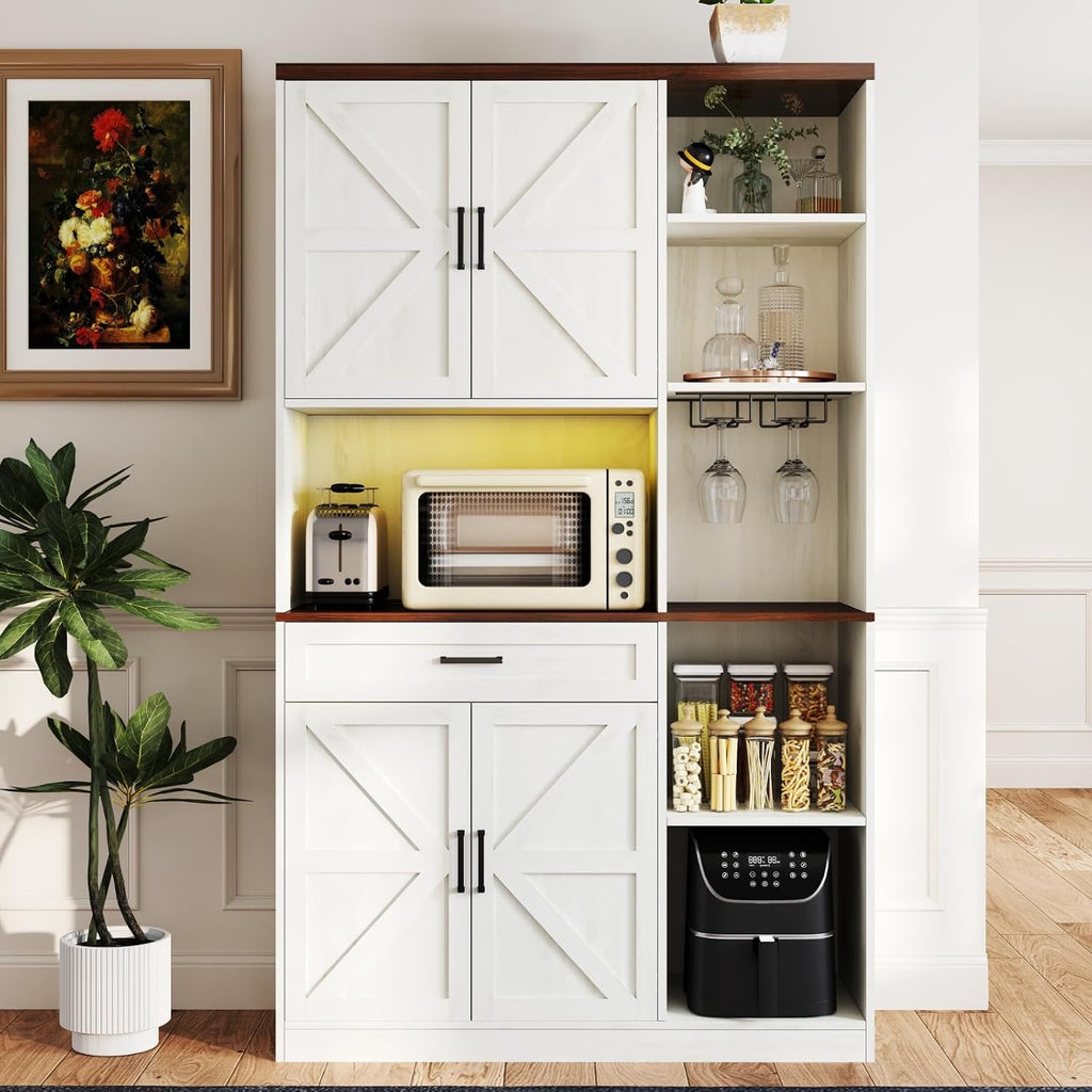71'' Farmhouse Kitchen Pantry Cabinet,LED Sideboard with Hutch&Glass Holder,Tall Kitchen Cabinet with Barn Doors, Pantry Hutch with Countertop&Shelves for Dining Room