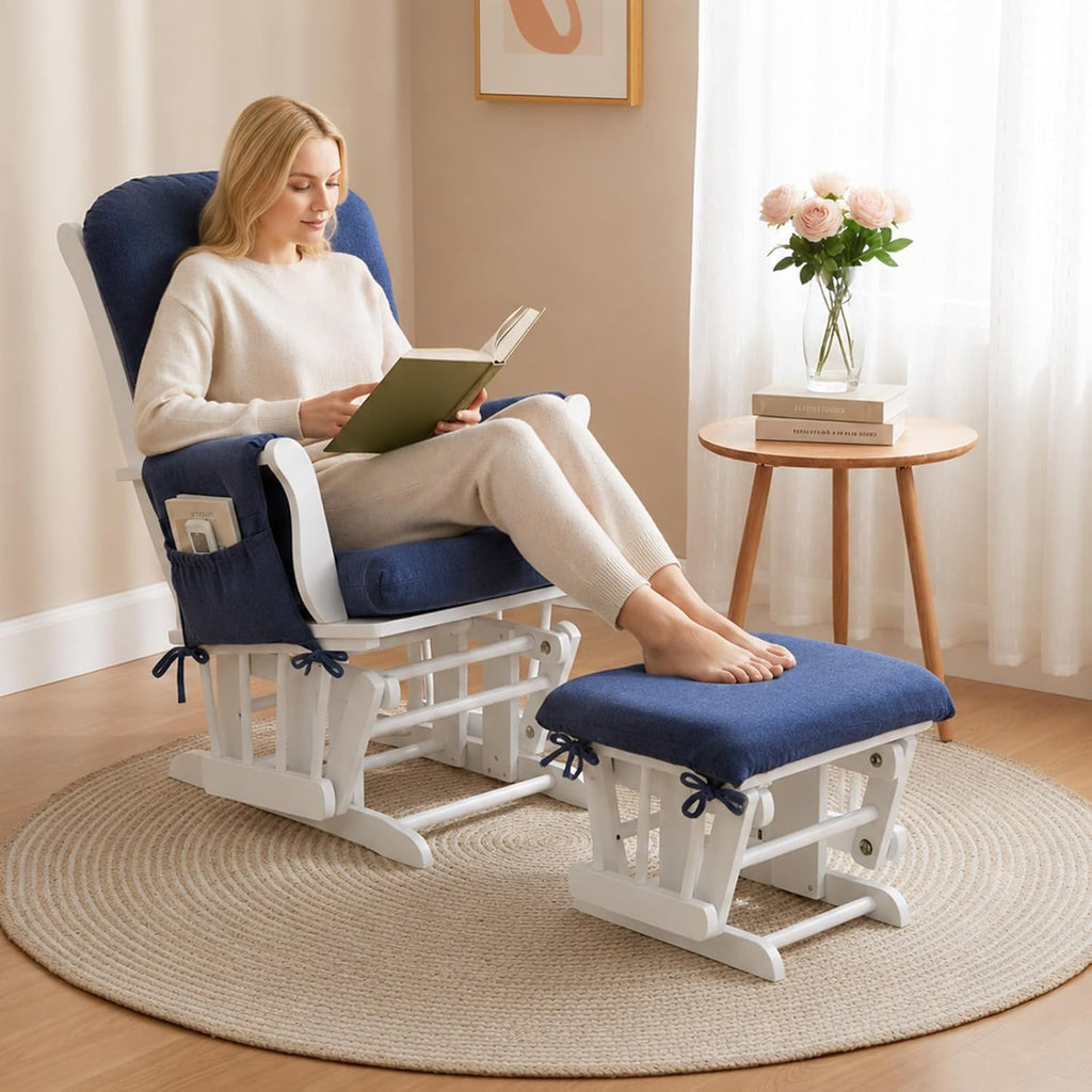 Boshen 5PCS Glider Rocker Replacement Cushions with Ottoman Cover, 3.5" Thick High Back Rocking Chair Cushion Set with Side Pockets for Indoor Nursery Glider Chair, Washable and Non Slip, Blue