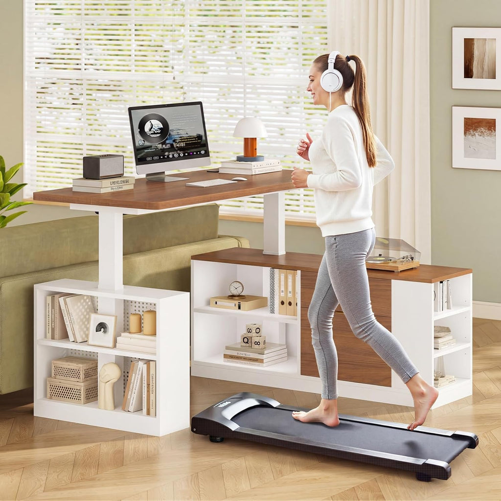 UPOSOJA L Shaped Standing Desk Adjustable Height, 53" Electric Office Desk with File Drawers & Storage Shelves, Sit Stand Corner Computer Desk with Power Outlets, Pegboard, 6 Hooks, White& Walnut