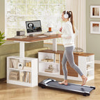 UPOSOJA L Shaped Standing Desk Adjustable Height, 53" Electric Office Desk with File Drawers & Storage Shelves, Sit Stand Corner Computer Desk with Power Outlets, Pegboard, 6 Hooks, White& Walnut
