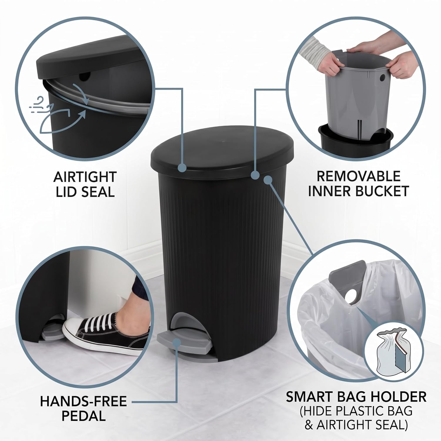 Bathroom Trash Can, 2.6 Gallon Small Garbage Can with Lid & Step Pedal, Slim Wastebasket with Removable Inner Bucket, Modern Trash Bin for Bedroom, Toilet, Office, Living Room