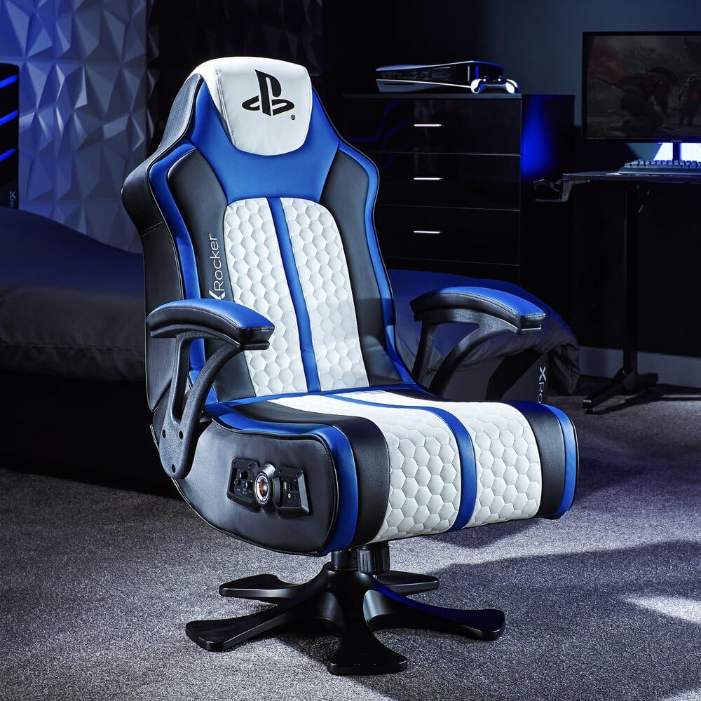 X ROCKER Playstation Legend 2.1 Gaming Chair with Speaker, Wireless Bluetooth Audio Console Gaming Chair, Voice Activated Vibration, Official Playstation for PS5 PS4 PC Mobile - WHITE BLUE BLACK