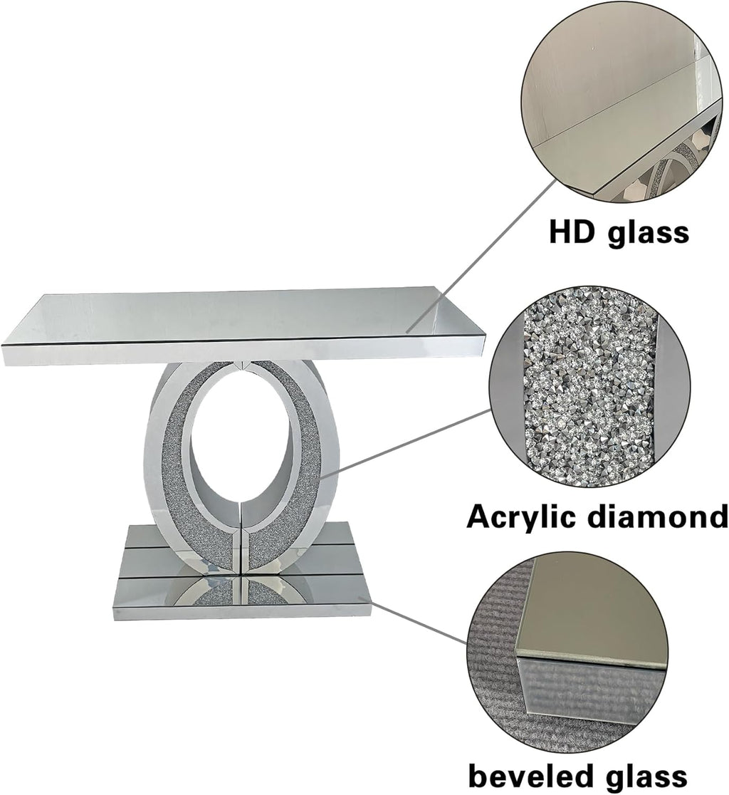 Oval-Shaped Silver Mirrored Console Table and Wall Mirror Set, 2 Piece Mirrored 39.37" Rectangle Sofa Table and 35.43" Crush Diamond Oval Wall Mirror Set for Entryway Hallway Entrance