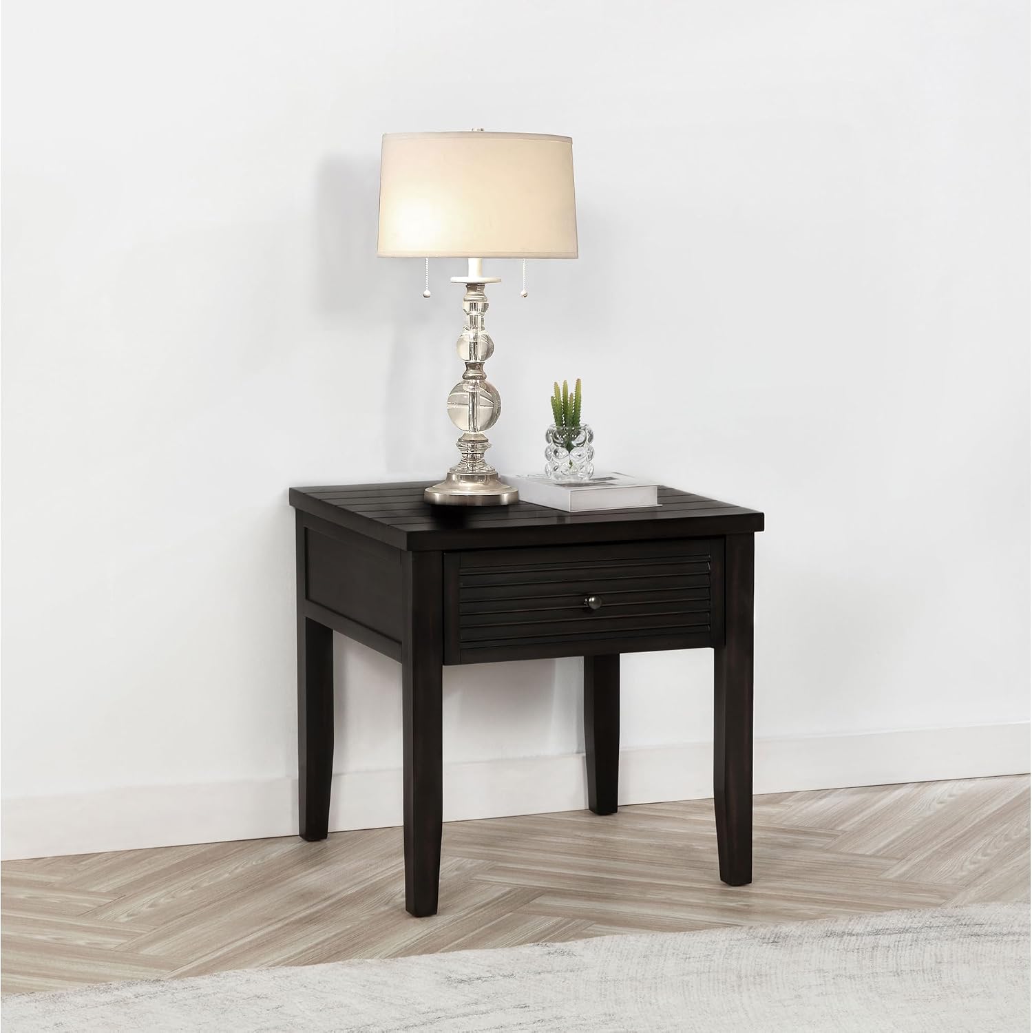 Sutter, End Table, Side Table, Java Pine Veneer Accent Table, Square Living Room Table with 1 Drawer, Planked Top, 24 Inches Wide