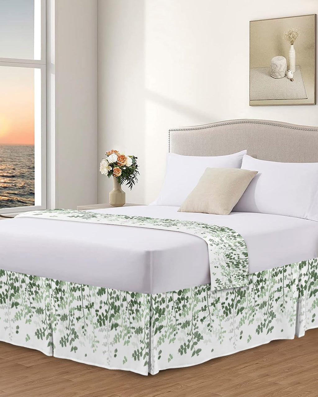 Bed Skirts Queen Size 18 Inch Tailored Drop Sage Green Leaves Wrap Around Bed Skirt with Split Corners Hotel Quality Bedskirt Farmhouses Leaf Branches Dust Ruffle for Queen Bed Skirt Bedroom Decor