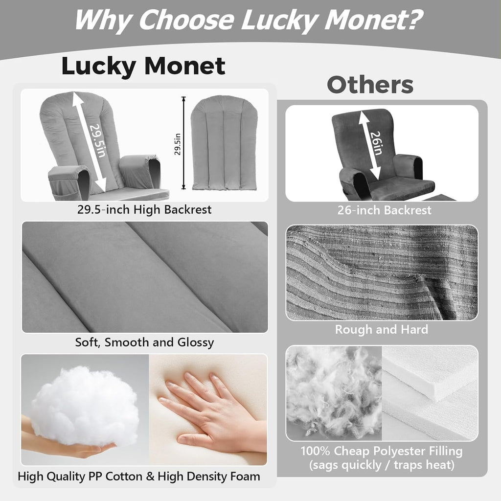 Lucky Monet 5PCS Velvet Glider Rocker Replacement Cushions, Thickened & Supportive Rocking Chair Cushion Set with 29.5 Inch High Backrest & Storage Pockets, for Indoor Nursery Glider, Grey