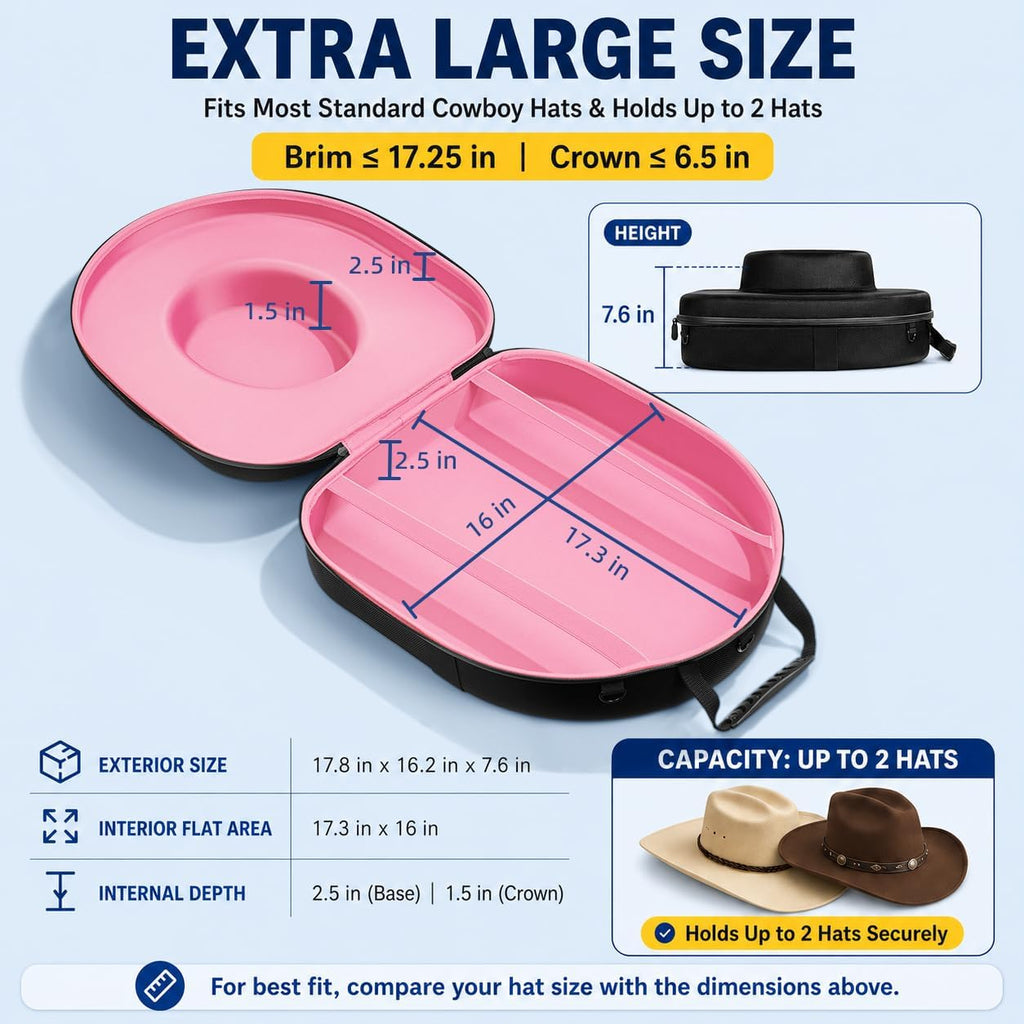 Hat Box for Cowboy Travel Extra Large, Waterproof Hard Hat Travel Case Storage Can for Fedora Panama Tweed Cap Holder Organizer Carrier with Adjustable Carry Strap, Mens Western Gift, Large Pink