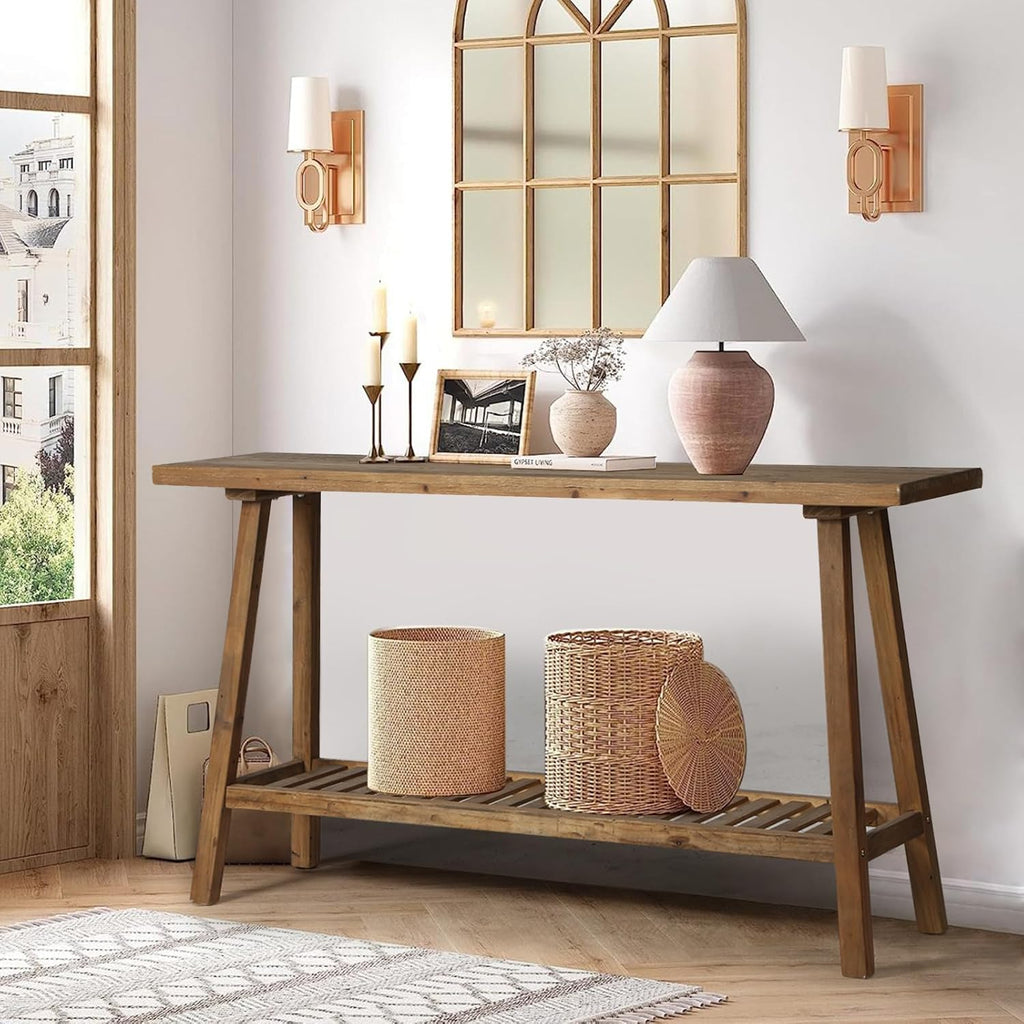 HOKYHOKY Reclaimed Solid Wood Console Table, 59" Farmhouse Entryway Tables | Long Rectangular Couch Table Behind Sofa, 2 Tiers Accent Tables, Hallway, Entrance, Foyer, Living Room