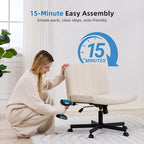 amseatec Criss Cross Chair, Wide Cross Legged Desk Chair with Wheels, Comfy Fabric Vanity Chair for Home Office, Adjustable Armless Swivel Task Chair with 90–115°Tilt（300Lbs/Beige）