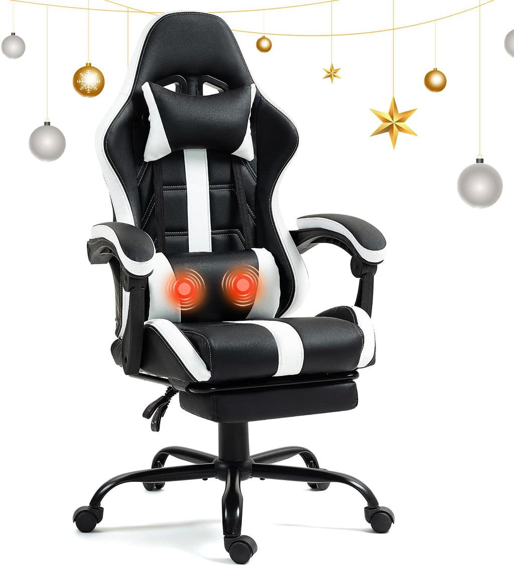 Massage Gaming Chair with Footrest, Ergonomic PU Leather Computer Chair w/Headrest and Lumbar, Height Adjustable, 360° Swivel Desk Office Chair, White