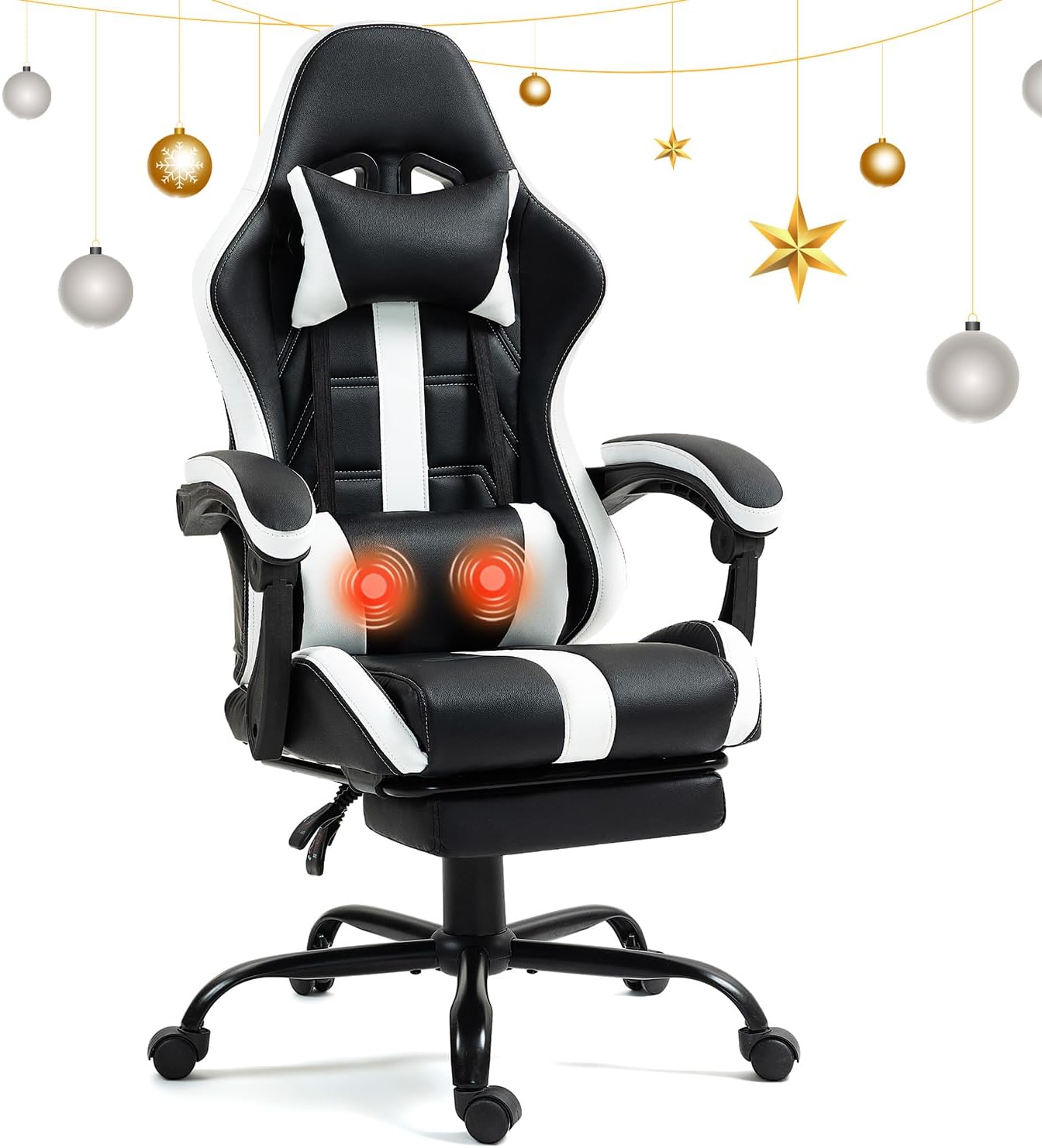 Massage Gaming Chair with Footrest, Ergonomic PU Leather Computer Chair w/Headrest and Lumbar, Height Adjustable, 360° Swivel Desk Office Chair, White