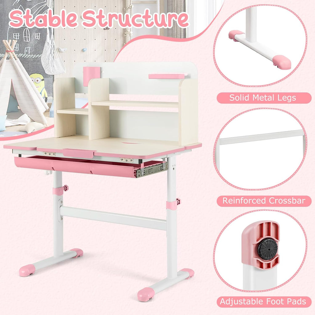 Costzon Kids Study Desk, Height Adjustable Children School Desk with Storage, Tilt Desktop, Pen Holder & Scale Ruler, Student Computer Desk Writing Table for Home School Use, Desk for Kids (Pink)