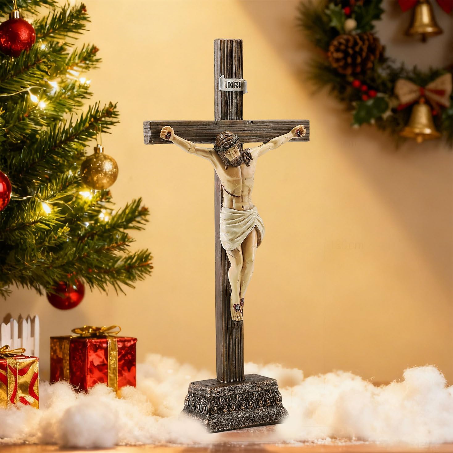 Magicsculp 10.8" H Jesus Crucifix Statue - Resin Standing Wall Cross Decoration, Praying Religious Figurine Jesus Christ Catholic Display, Hanging or Tabletop with Stand for Home Decor