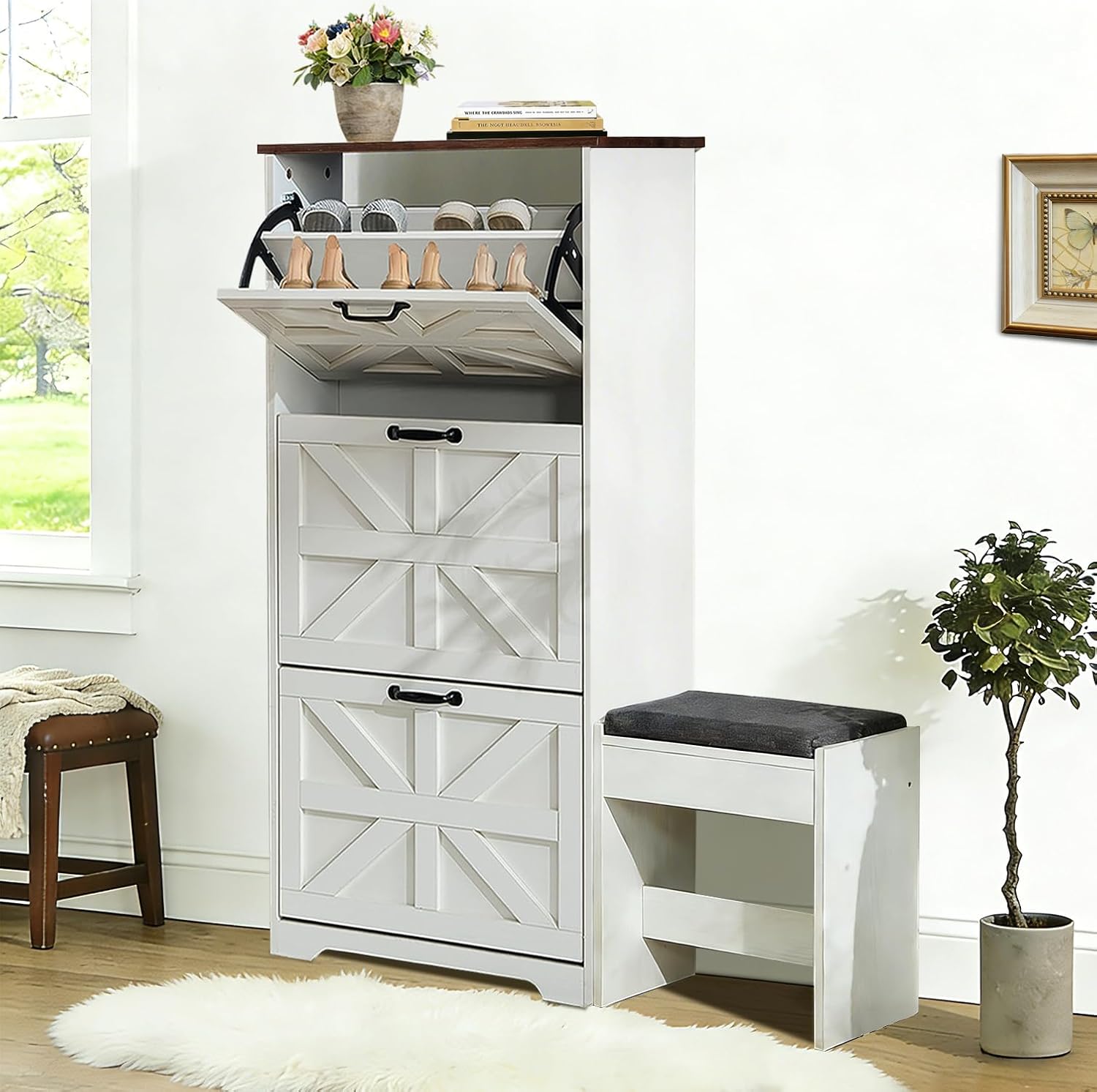 Shoe Storage Cabinet with Bench, Farmhouse Shoe Organizer with Barn Door Design, Space-Saving Hidden Narrow Shoe Rack Cabinet for Entryway, Hallway & Foyer, White