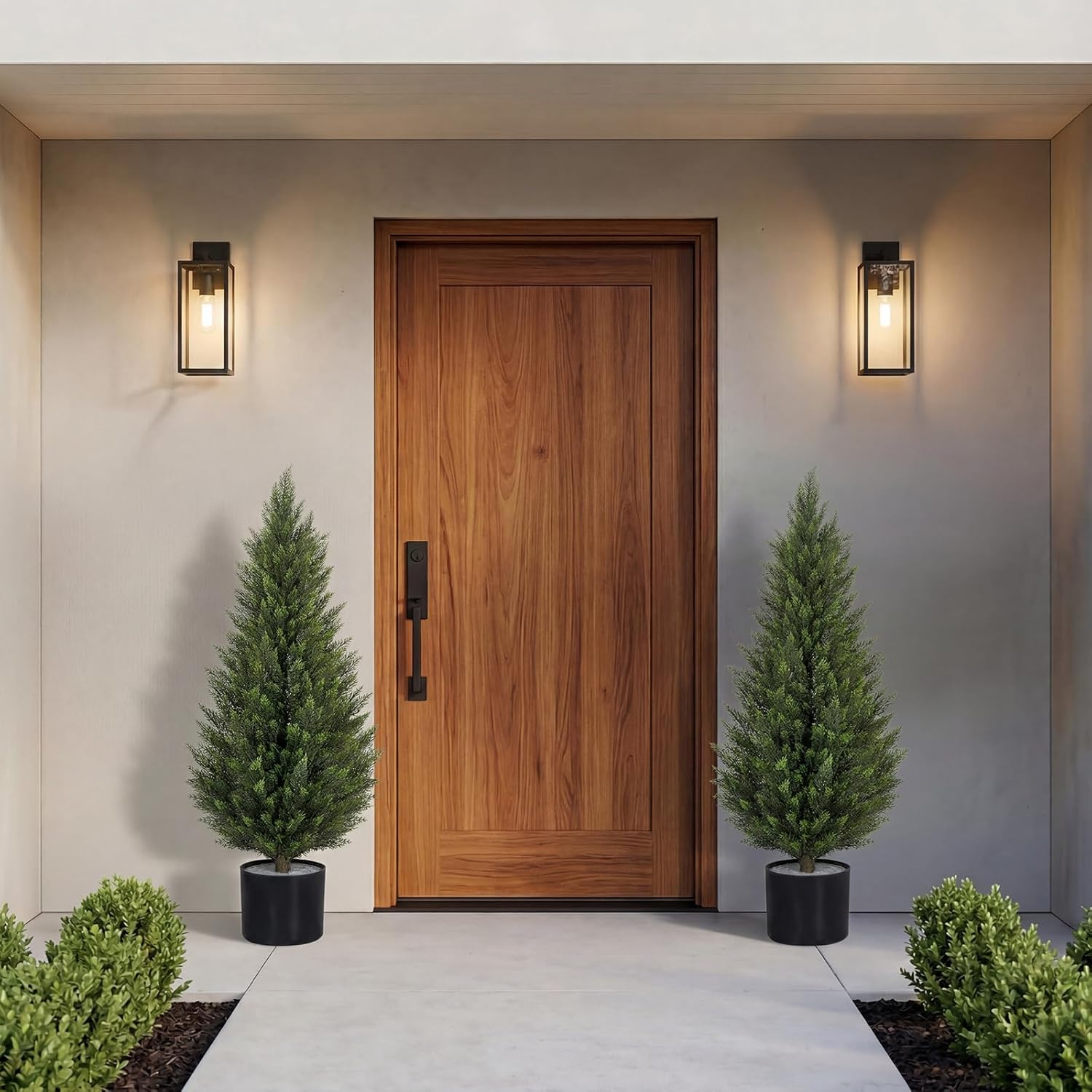 Artificial Cedar Trees 3FT Faux Cedar Topiary Evergreen Plants UV Resistant Outdoor Indoor Fake Cypress Pine Trees with Planter for Front Porch Entryway Patio Garden Home Decor Set of 2
