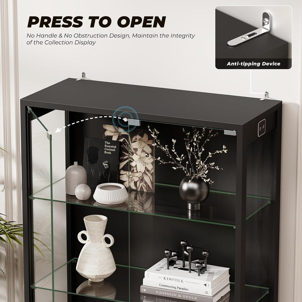 BROTTAR Display Cabinet with Glass Doors & 3 Color LED Lights | Glass Display Case with Adjustable Glass Shelves & Motion Sensor, 3-Tier Curio Cabinet for Collectibles, Living Room, Black