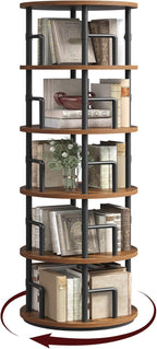 MAHANCRIS Rotating Bookshelf, 5-Tier Book Shelf, 360° Spinning Bookcase, Freestanding Storage Shelf with Guardrails, for Small Space, Living Room, Bedroom, Home Office, Rustic Brown and Black BKHR4501