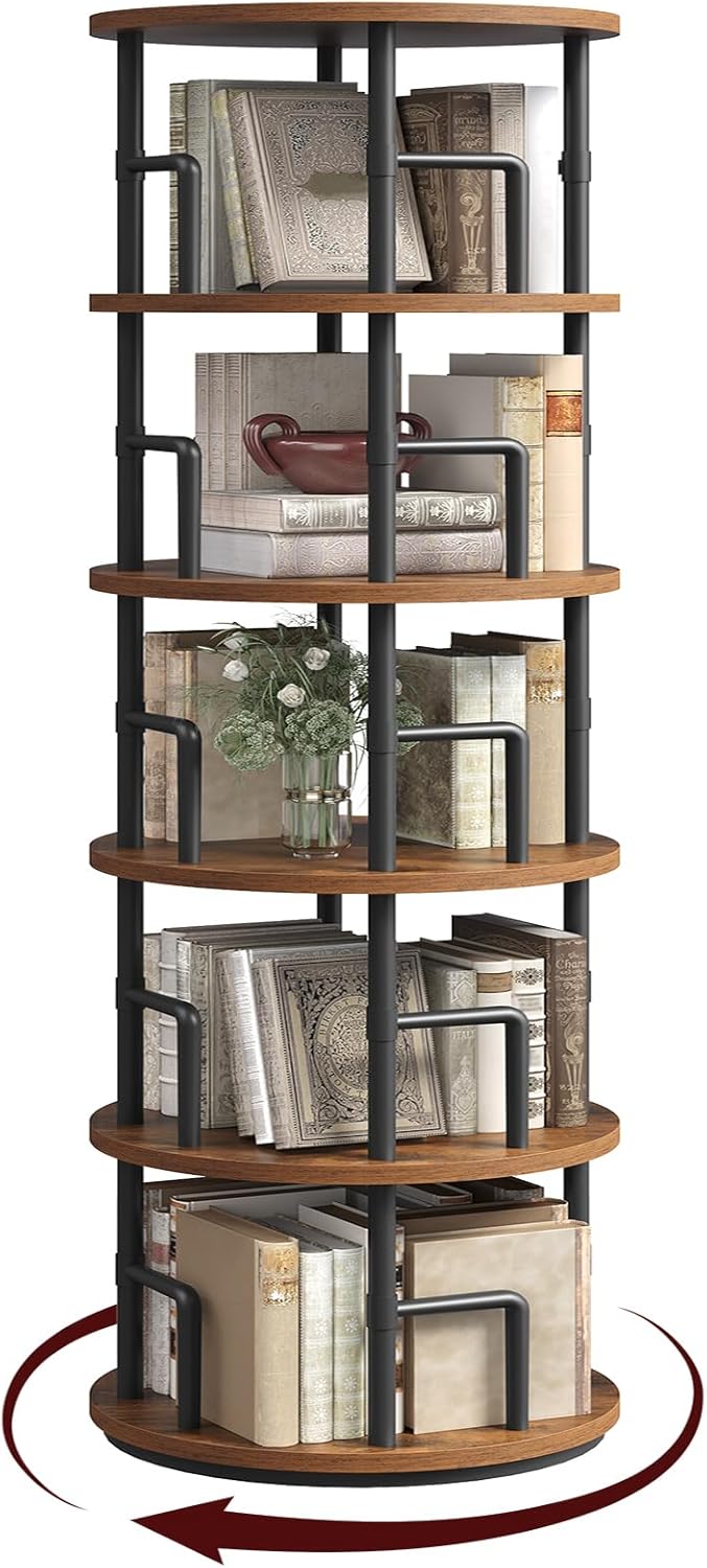 MAHANCRIS Rotating Bookshelf, 5-Tier Book Shelf, 360° Spinning Bookcase, Freestanding Storage Shelf with Guardrails, for Small Space, Living Room, Bedroom, Home Office, Rustic Brown and Black BKHR4501