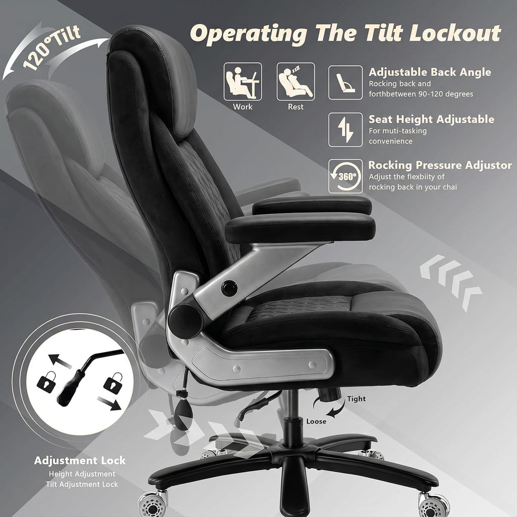 650LBS Big and Tall Office Chair with 5D Flip Arms and Thick Pocket Spring Cushion, Extra Wide Heavy Duty Office Chair & Adjustable Lumbar Support, Large High Back Computer Chair Dual Rubber Wheel