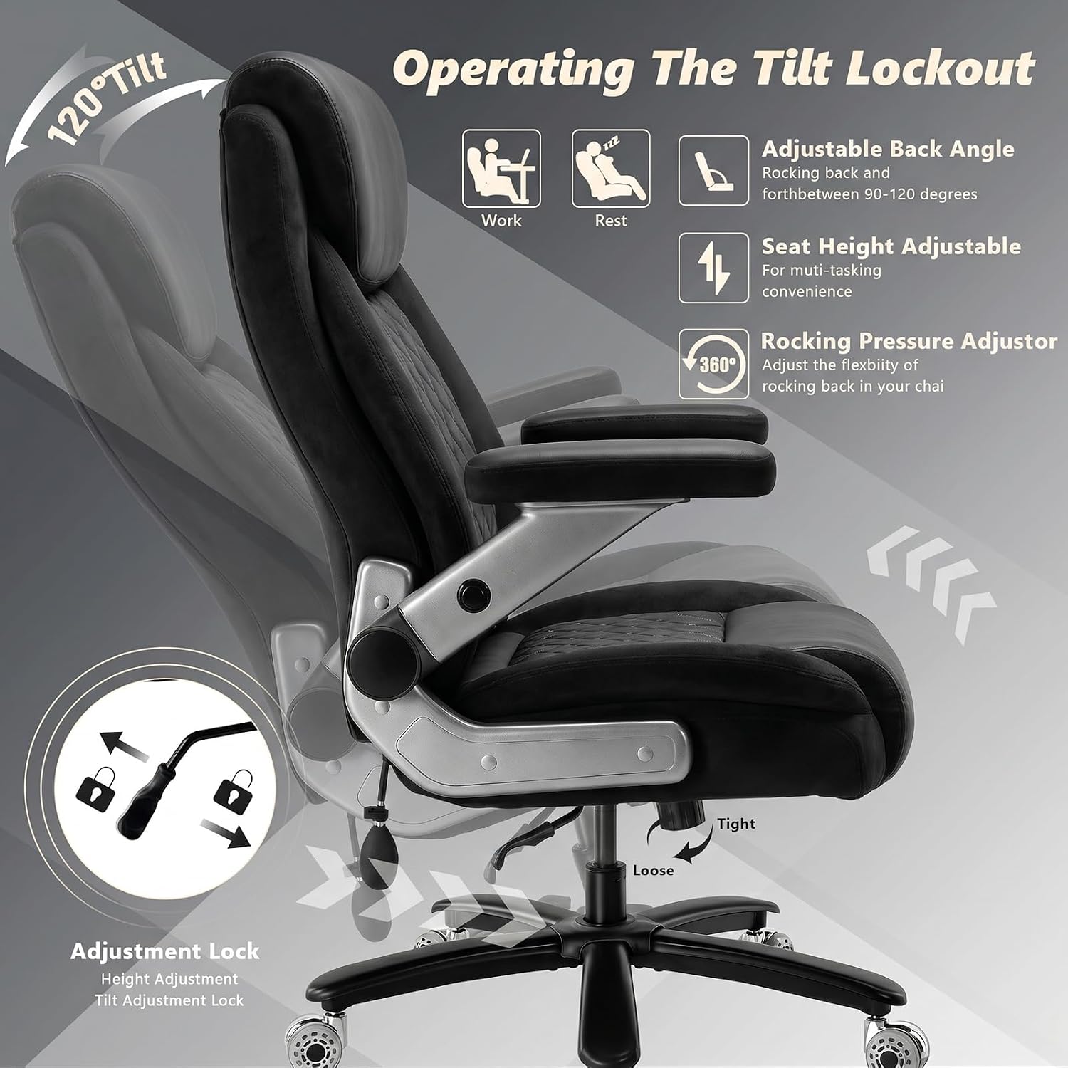 650LBS Big and Tall Office Chair with 5D Flip Arms and Thick Pocket Spring Cushion, Extra Wide Heavy Duty Office Chair & Adjustable Lumbar Support, Large High Back Computer Chair Dual Rubber Wheel