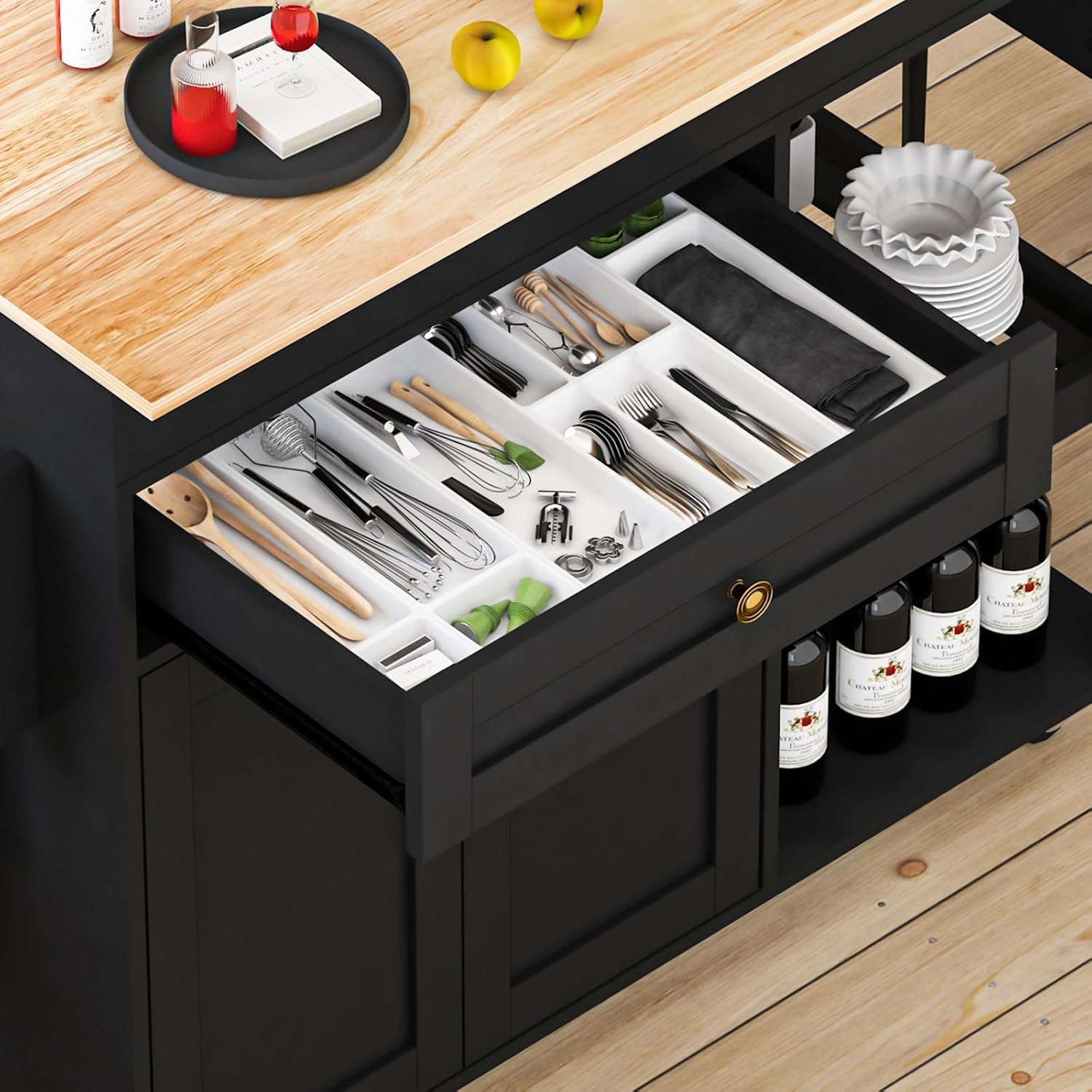 78"-49" Extendable Rolling Kitchen Island with Extended Dining Table, Mobile Kitchen Storage Islands with Storage Drawers, 2-Tier Storage Shelf,Black