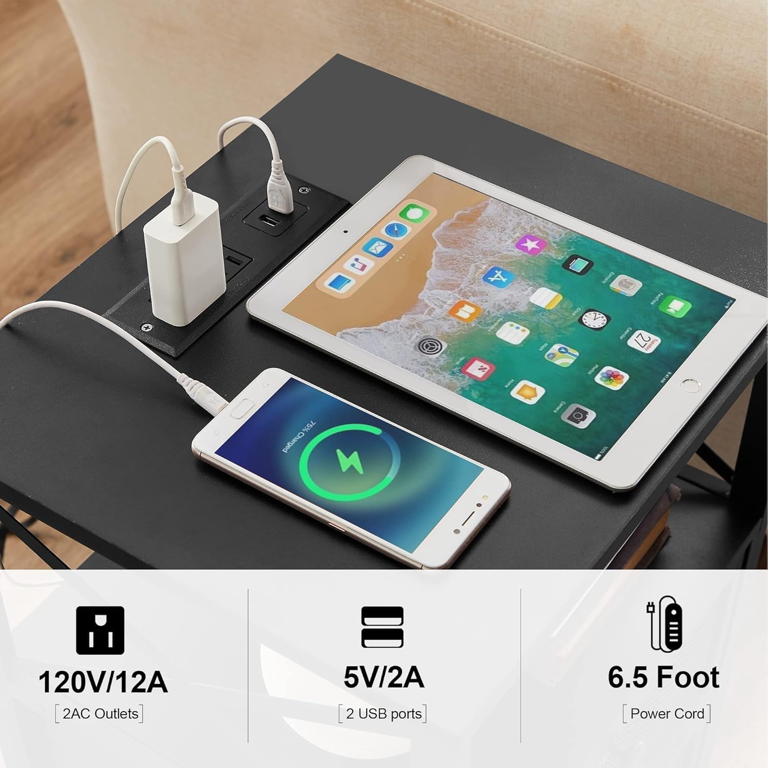 VECELO Black End Table with USB Ports and Outlets,24 Inch Nightstands with Charging Station and Storage Shelf for Bedroom,Living Room, 1 Set