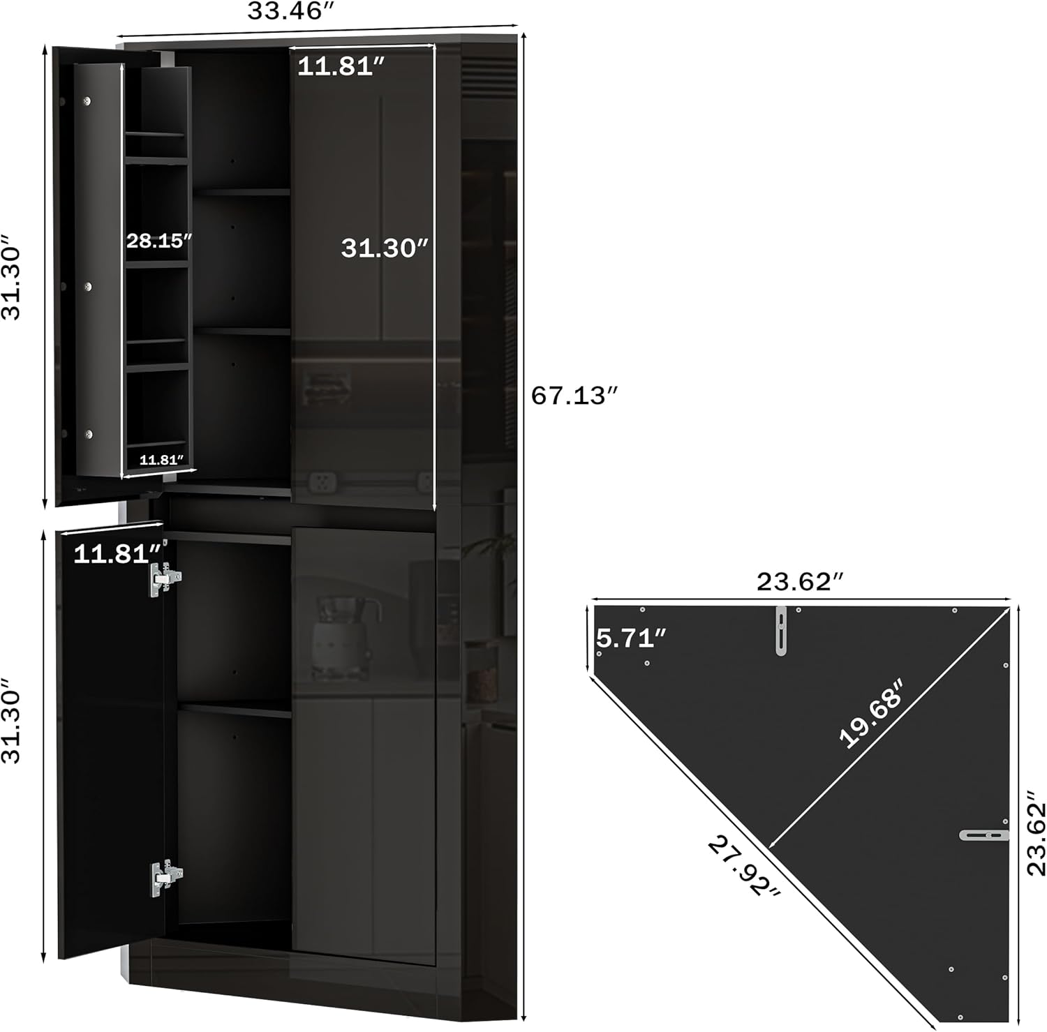 Anbuy 67'' Tall Pantry Cabinet with Led Light, Corner Pantry Cabinet with 4 High Gloss Doors and Adjustable Shelves, Space Saving Storage Cabinet for Food Hutch for Kitchen, Living Dining Room(Black)