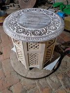 Handcrafted Round Wooden Side Table with Carved Floral Top, White Washed Finish, 18 Inch Decorative Accent End Table for Living Room, Bedroom & Indoor Use