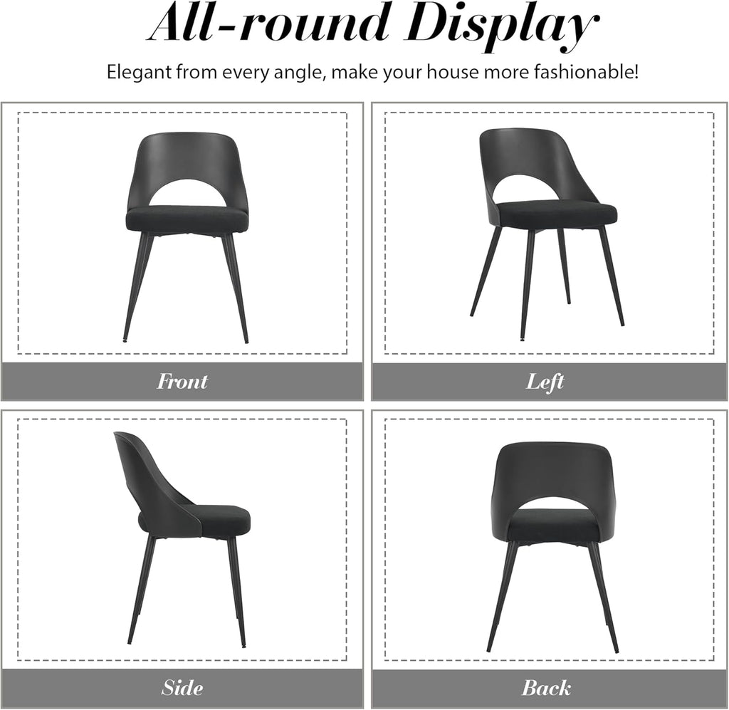 HENGJIANYI Modern Dining Chairs Set of 2, Armless Kitchen Chairs with Hollowed-Out Plastic Back, Upholstered Dining Room Chair with Metal Legs, Black