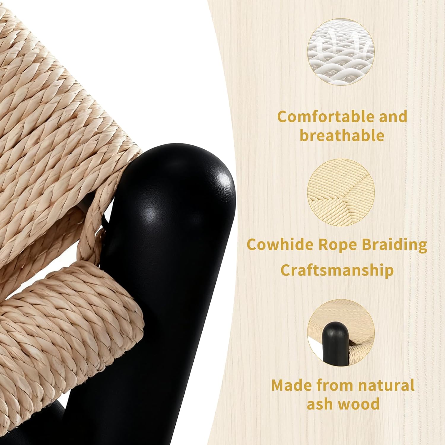 Wishbone Chair Natural Solid Wood Dining Chair/Hans Wegner Y Chair Rattan and Wood Accent Armrest Chairs - Ash Wood Chairs Set of 4 (Ash Wood - Black + Natural Color)