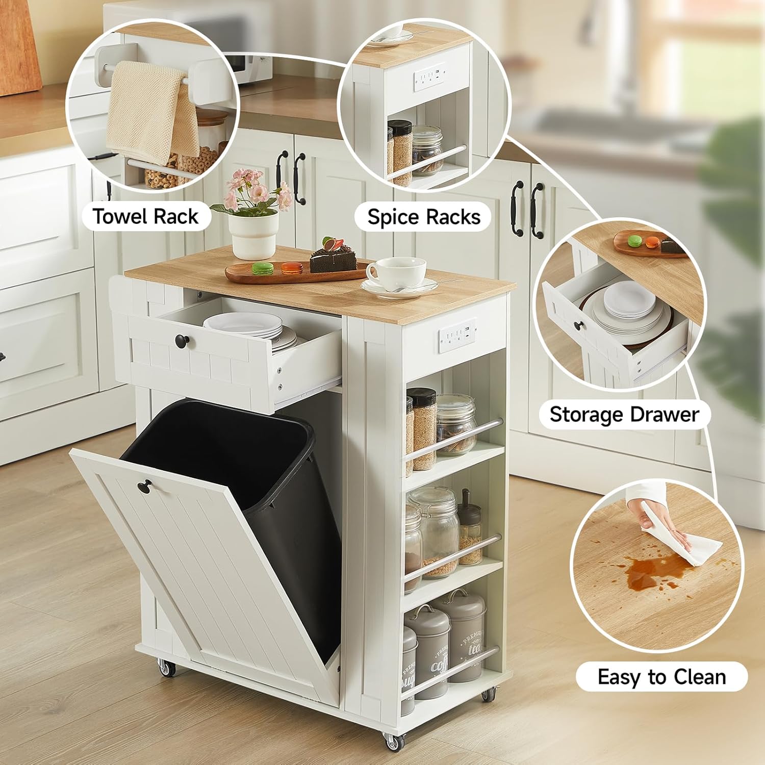 ONBRILL 35" Kitchen Island with Trash Can Cabinet & Power Outlet, Rolling Kitchen Cart with Storage Drawer, 6-Tier Spice Rack, Portable Sideboard Table for Dining Room, Living Room, White