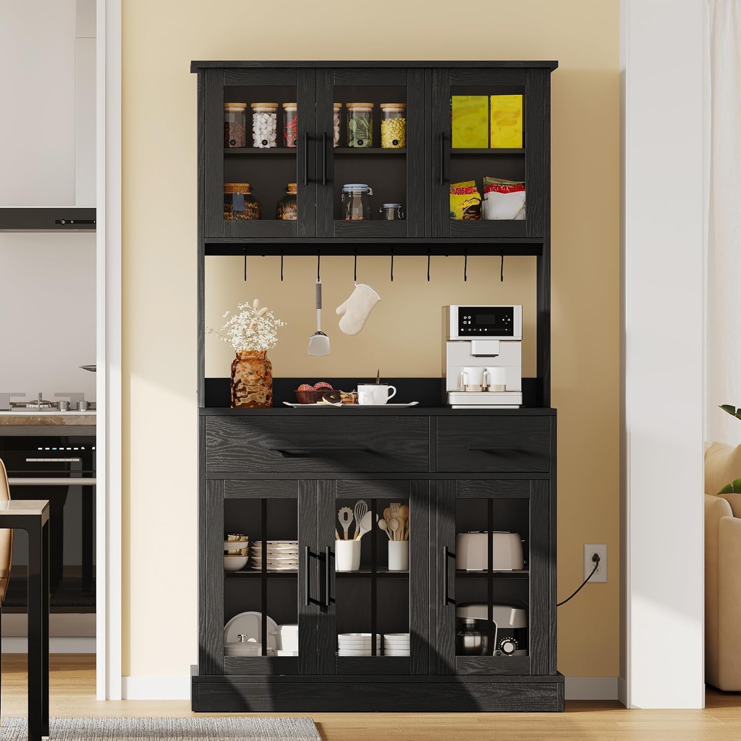 YITAHOME 2-Pack Kitchen Pantry Storage Cabinet Set, 71'' Kitchen Hutch with Outlet & Glass Door & Drawer & Shelves & Hook, Freestanding Microwave Stand Coffee Bar for Home Dining Living Room, Black