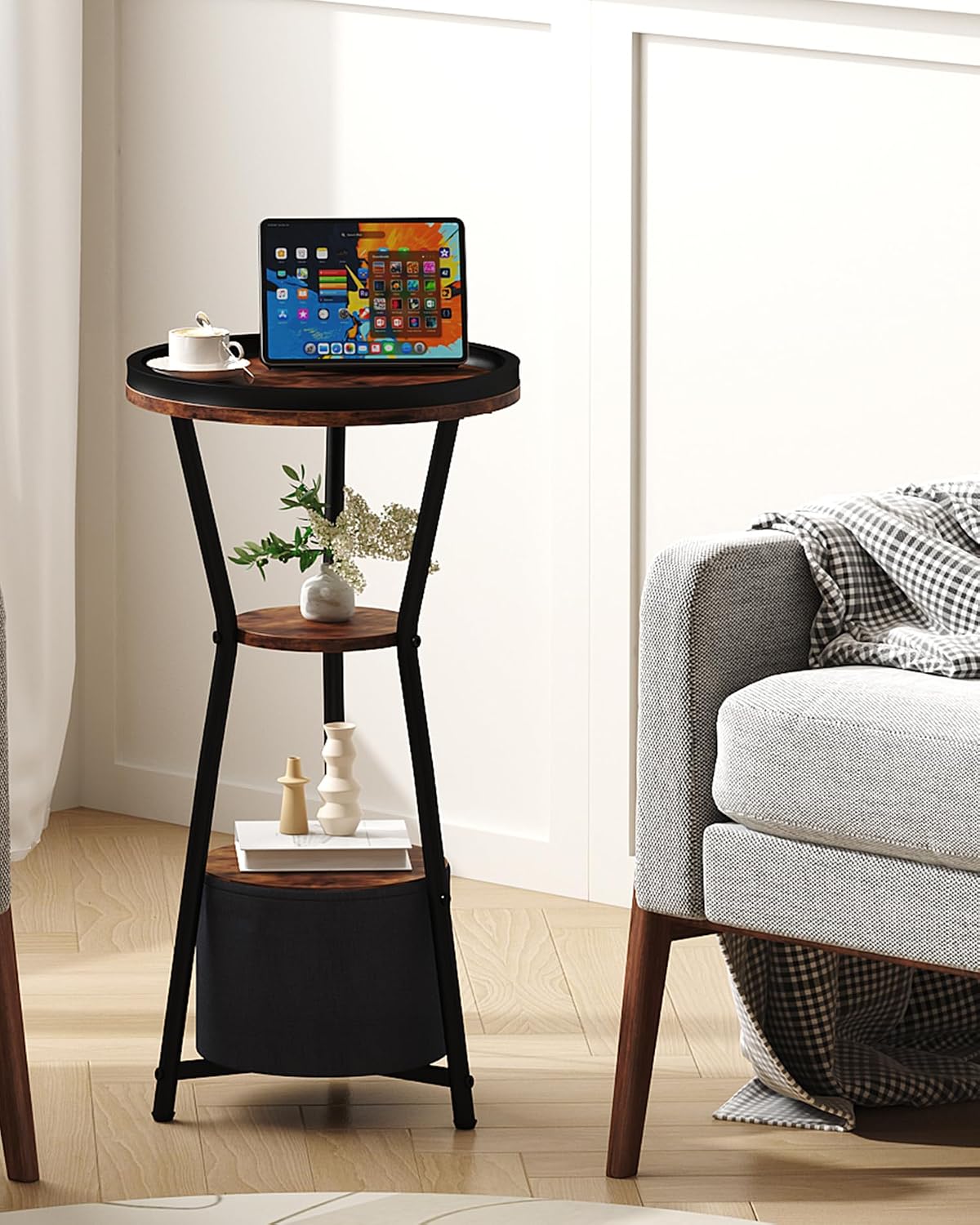 Yusong Round Side Table, Small Drink Table for Small Spaces, 3-Tier Industrial End Table, Accent Nightstand Bedside Table for Living Room, Bedroom, Sofa Couch, Rustic Brown