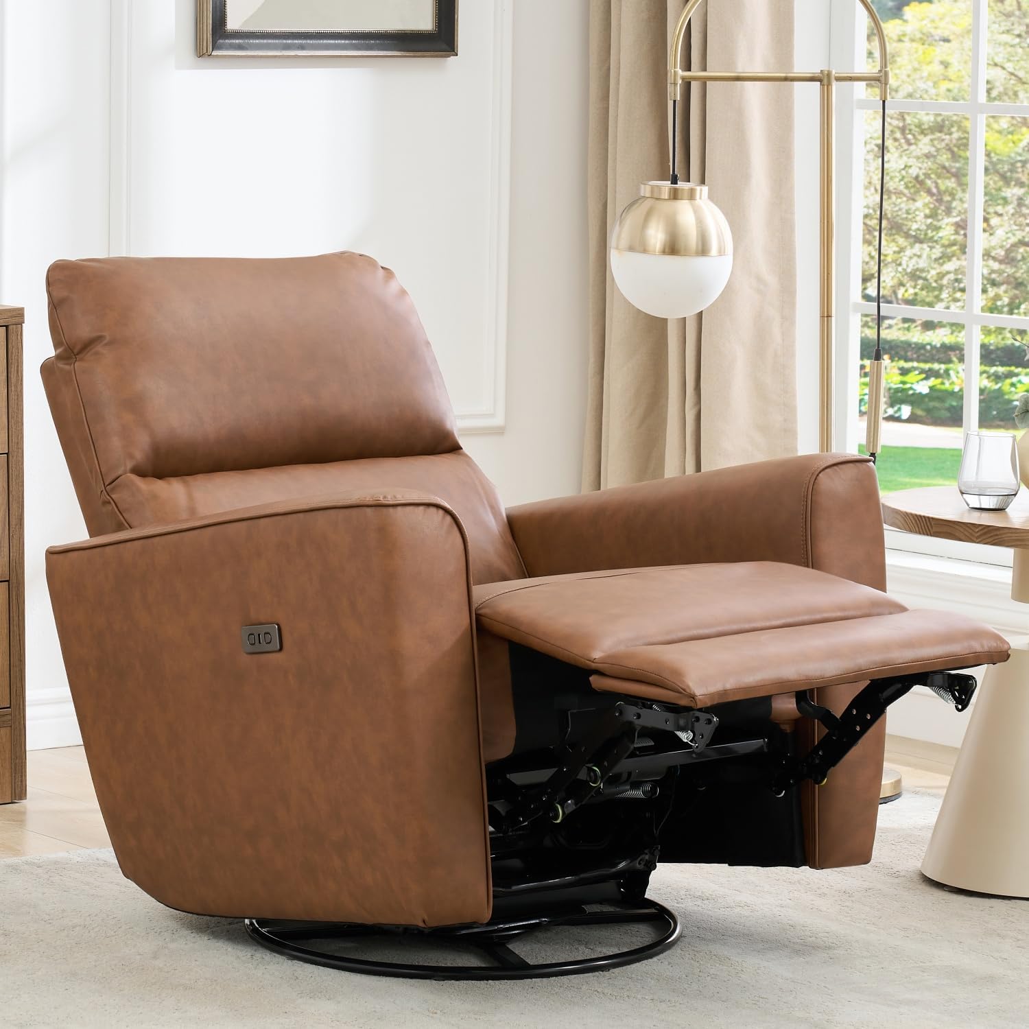 Power Recliner Chair Swivel Glider Upholstered Faux Leather Nursery Rocker Reclining Sofa Chair with Charging Port, Curved Armrests & Padded Backrest for Living Room and Bedroom (Brown)