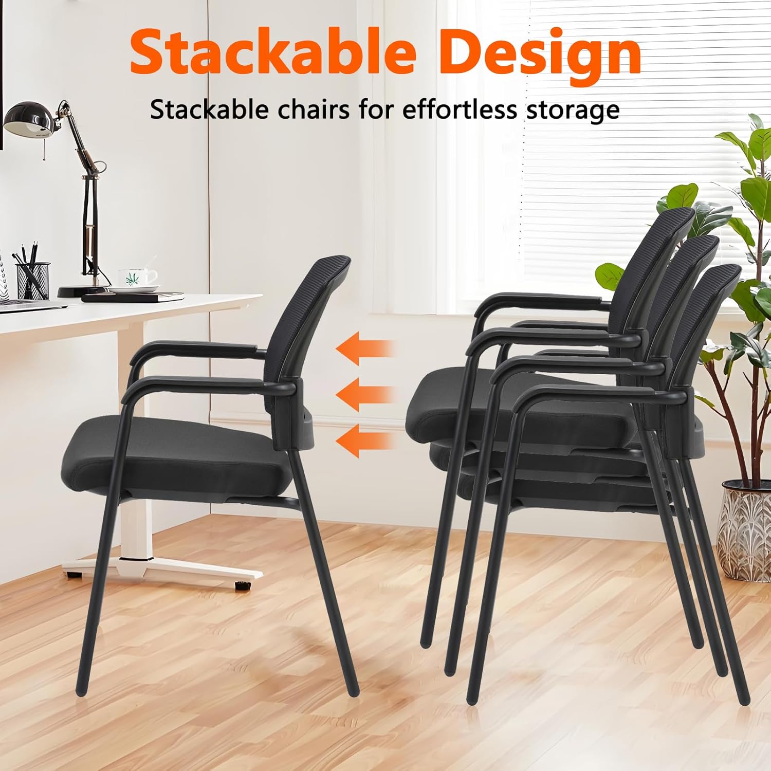 CLATINA Stacking Chairs Set of 4, Stackable Waiting Room Chairs No Wheels with Armrest, Ergonomic Mesh Office Reception Guest Chair for Home Conference Lobby Church School Meeting Training, Black