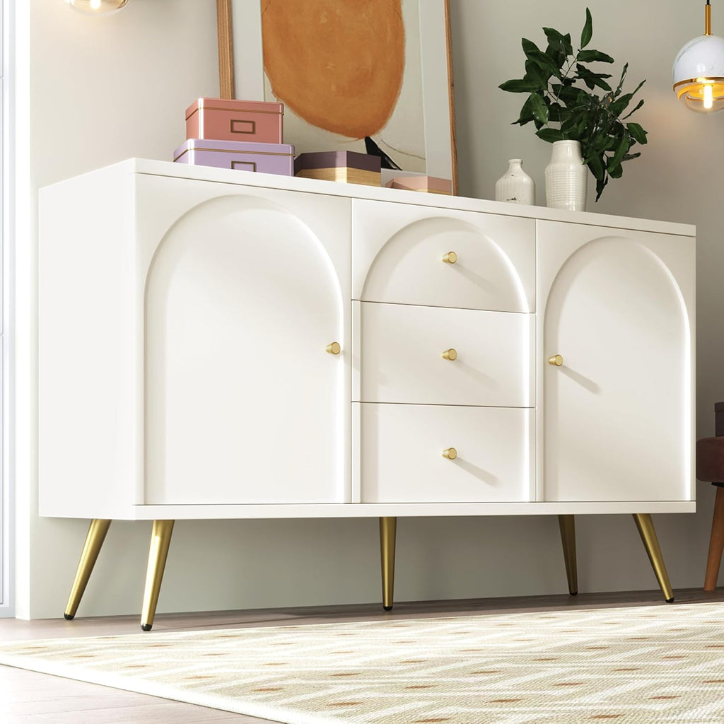 CYJZH Modern Metal Foot Two Door Dining Cabinet, Combining Wood and Metal, Simple Style, Dining/Living Room/Kitchen Storage cabinets, Providing Large Storage Space (2Cream White + MDF)