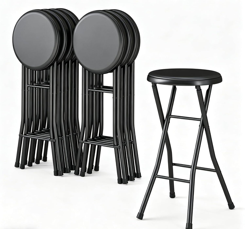 24 Inch Portable Folding Stool with Thick Padded Seat, Heavy Duty Metal Frame, Collapsible Round Chair for Camping, Fishing, Garden, Kitchen, Outdoor Events - Black