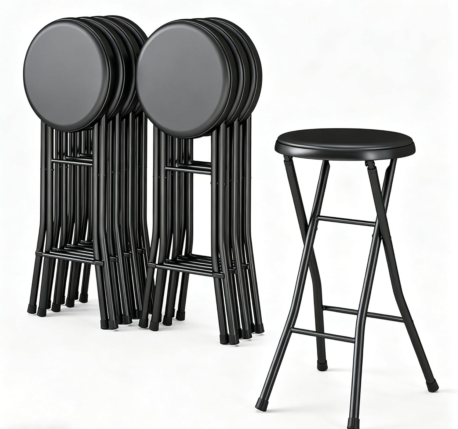 24 Inch Portable Folding Stool with Thick Padded Seat, Heavy Duty Metal Frame, Collapsible Round Chair for Camping, Fishing, Garden, Kitchen, Outdoor Events - Black