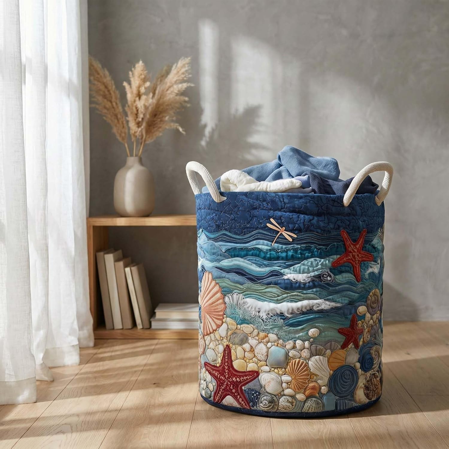 Quilted Laundry Basket with Handles Boho Fabric Storage Hamper Large Foldable Soft Storage Baskets Lightweight Multi-functional Organizer for Nursery Laundry Room Dirty Clothes Toys (Ocean)