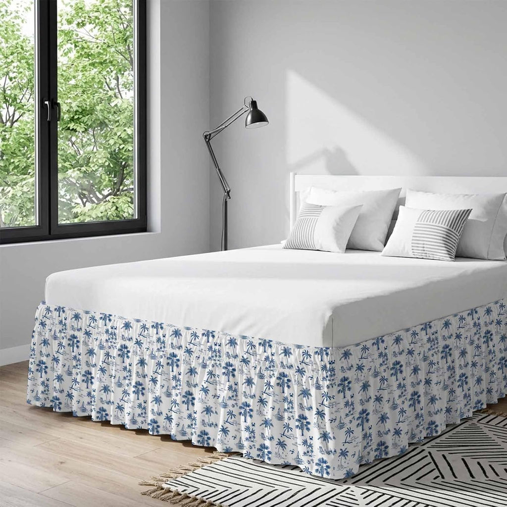 Blue Tropical Plant Bed Skirt King Size 16 Inch Drop, Adjustable Elastic Bedskirt Dust Ruffle for King Size Bed, Summer Palm Trees Coastal Nautical Wrap Around Bed Skirts Pleated Bed Frame Cover