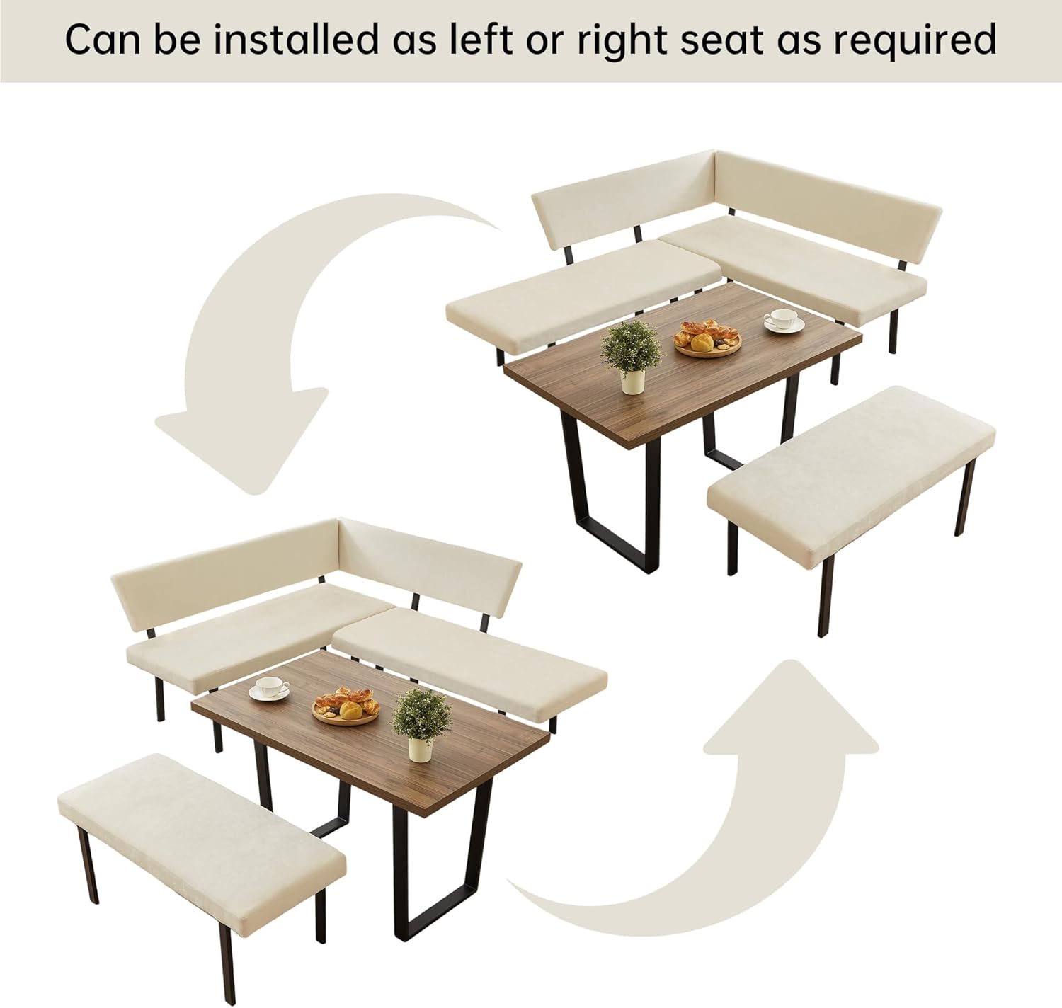 HIPIHOM 3-Piece Corner Dining Table Set with Bench, 67 Inch Space-Saving Breakfast Nook for Kitchen & Dining Room (Walnut Table & Beige Bench)