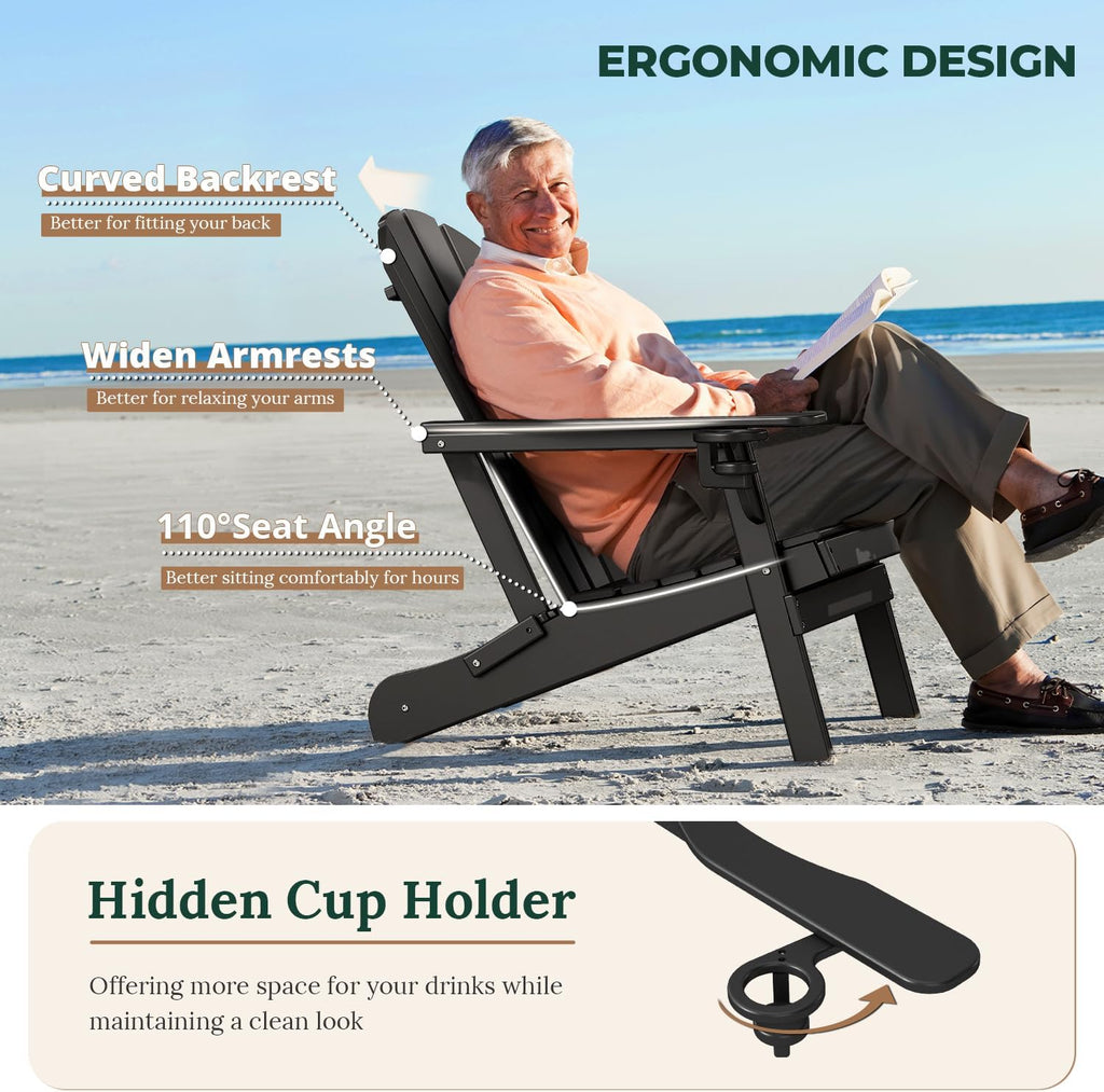BRIOPAWS Folding-Adirondack-Chairs Set of 2 | HDPE Plastic | Fire Pit Chair | Cup Holder | Curved Back | All Weather| for Outdoor Backyard Deck Patio | Black