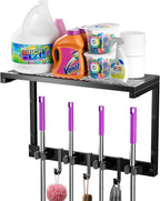 Heavy Duty Broom Holder Wall Mount with Cleaning Supplies Organizer, Space-Saving Laundry Room Organization and Storage Shelves, All-Metal Mop Hanger Broom Rack with Hooks, Garage Organizer Shelf