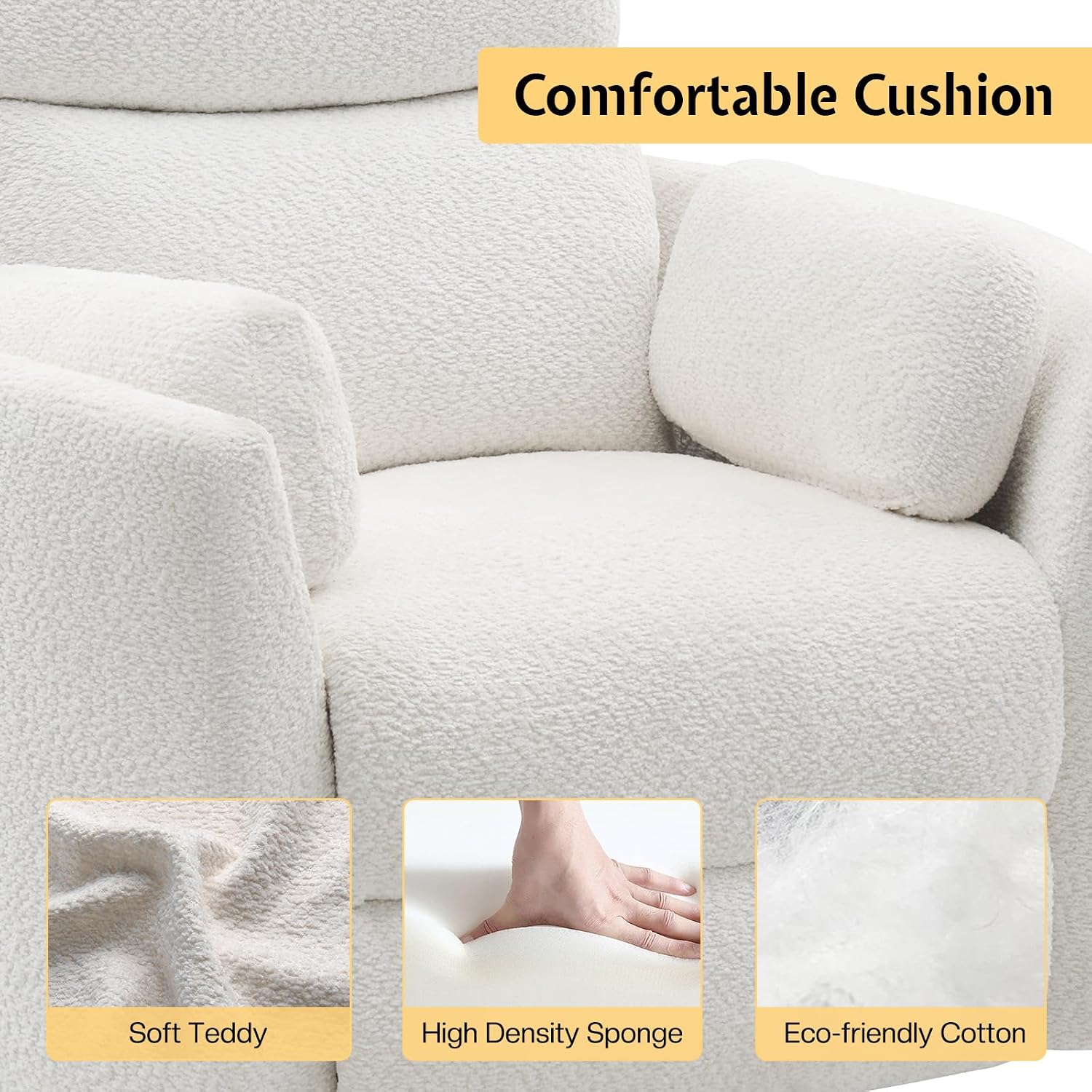 Jocisland Power Rocking Nursery Chair, Oversized Recliner Swivel Glider Chairs for Adults with 2 Pillows, USB & Type-C, Cozy Reclining Armchair Sofa for Living Room, Bedroom, Nursing, White Teddy