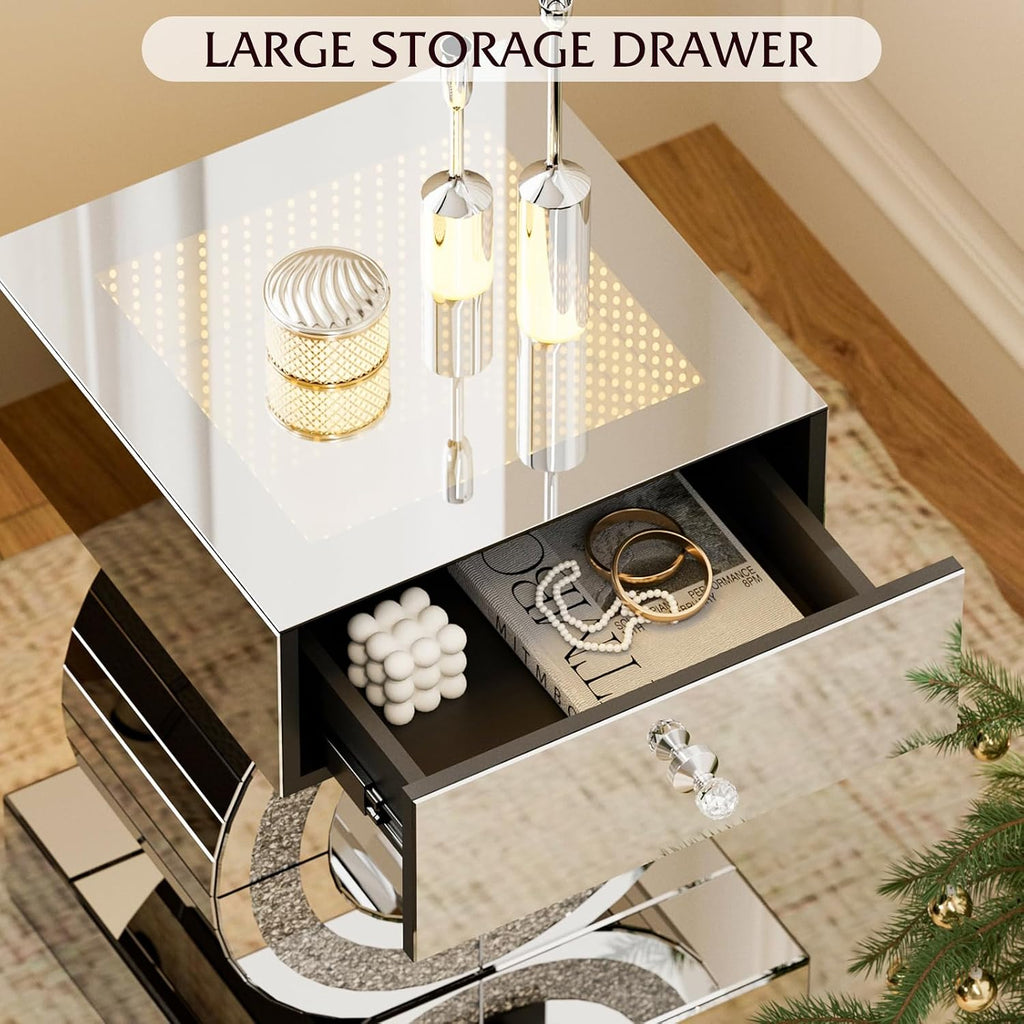 IKIFLY Mirrored Nightstand Set of 2, LED End Table with Storage Drawer, Silver Accent Beside Table with Crushed Diamond for Living Room, Bedroom and Office (Remote Control Included)