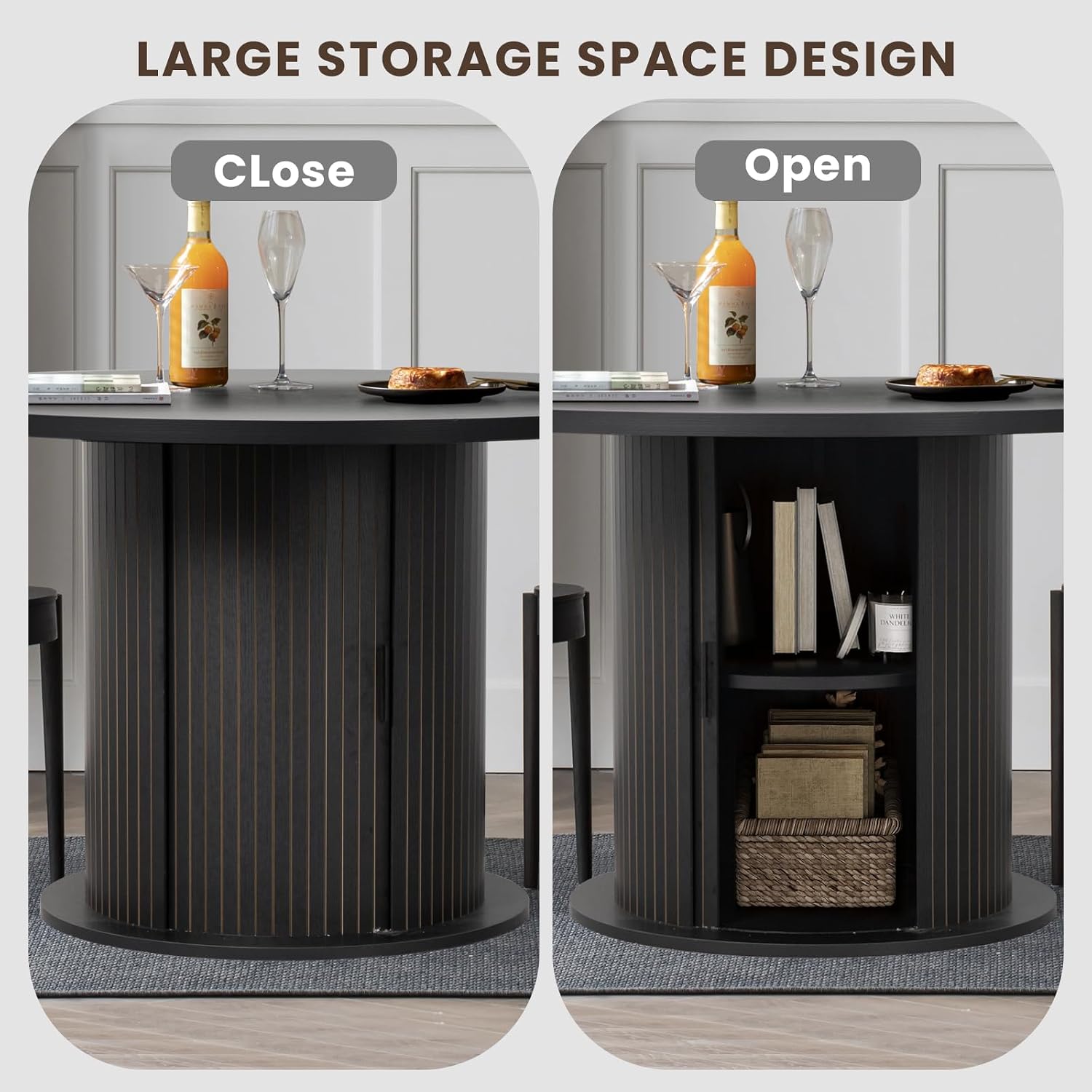 47" Round Dining Table with Hidden 2-Tier Storage Cabinet | Seats 4–6 | Mid-Century Modern Pedestal Base | Space-Saving Kitchen Table for Small Spaces, Black