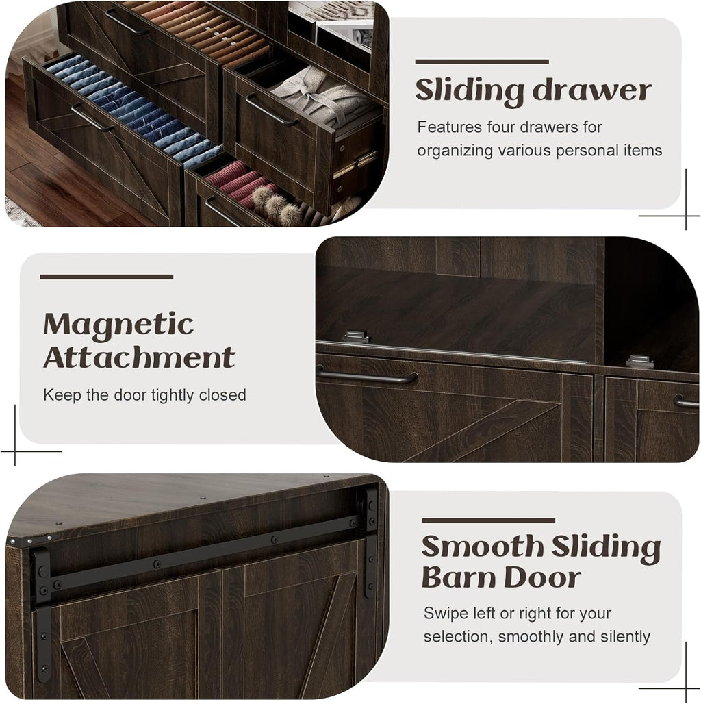 PAKASEPT Armoire Wardrobe Closet with w/Folding Sliding Barn Door | Bedroom Armoires with Mirror and LED Lights, Hanging Rod, Clothing Storage Cabinet for Bedroom (3 Doors)