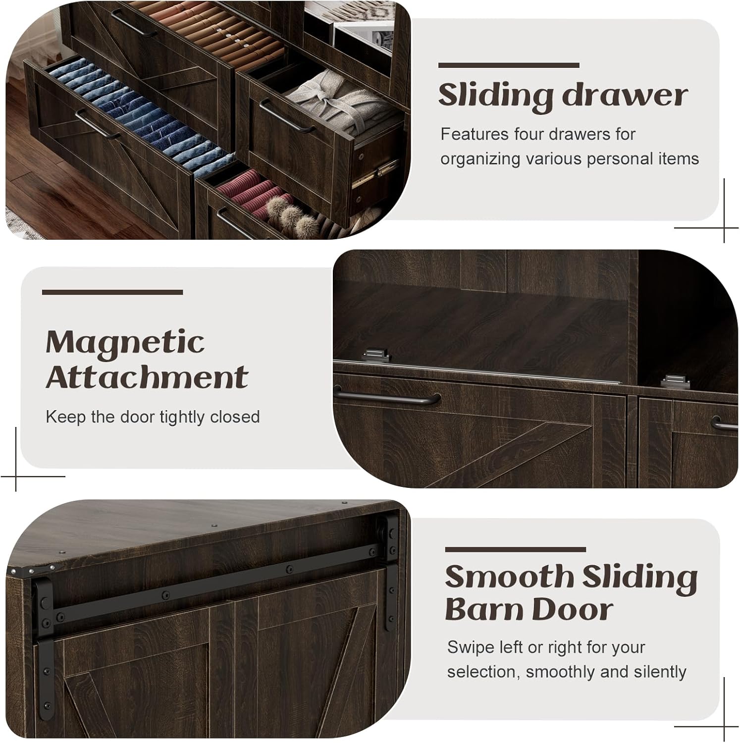 PAKASEPT Armoire Wardrobe Closet with w/Folding Sliding Barn Door | Bedroom Armoires with Mirror and LED Lights, Hanging Rod, Clothing Storage Cabinet for Bedroom (3 Doors)